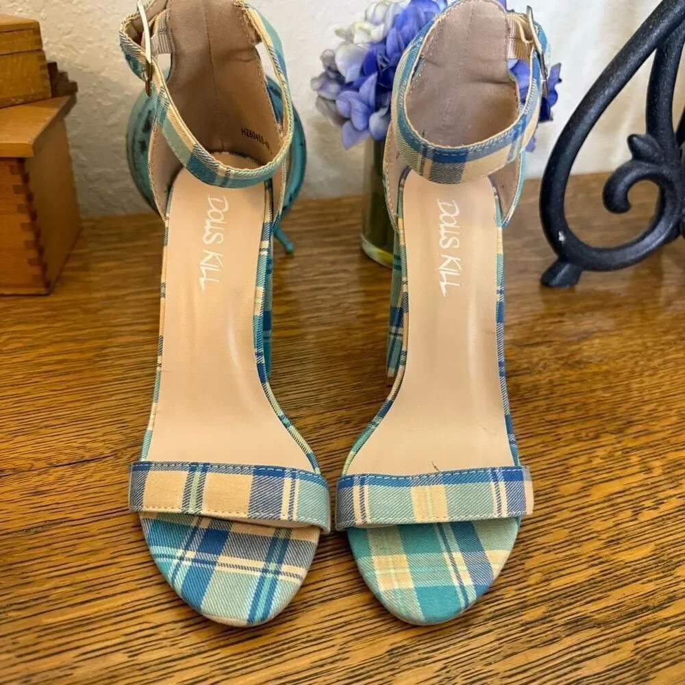 Dolls Kill Mojito Just Flawless Blue & Yellow Plaid Block Heel Sandals Sz 5/6